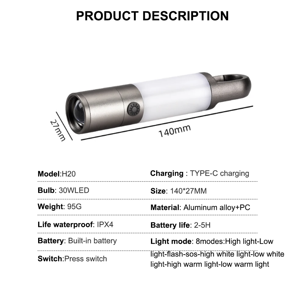 H20 LED Torchlight 1000LM Waterproof IPX4 Type C USB Rechargeable