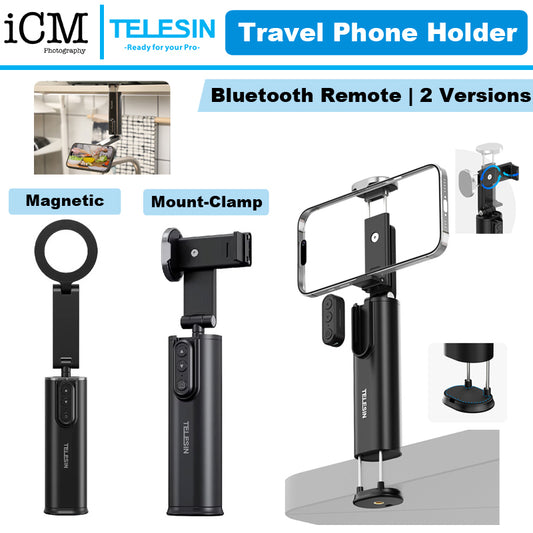 TELESIN Magnetic Phone Holder Travel Clamp Mount Stand Stick Bluetooth Remote Control