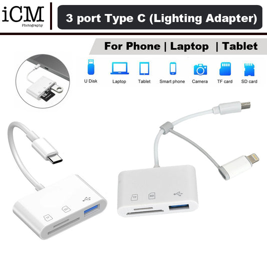 3 Port USB Type C to Card Reader Adapter SD Card Micro SD card for Android Lighting Apple