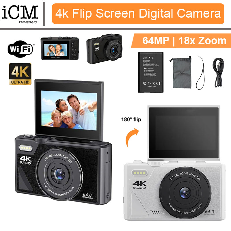 64MP Digital Camera 4K Video Vlogging Flip Screen 16X Zoom
