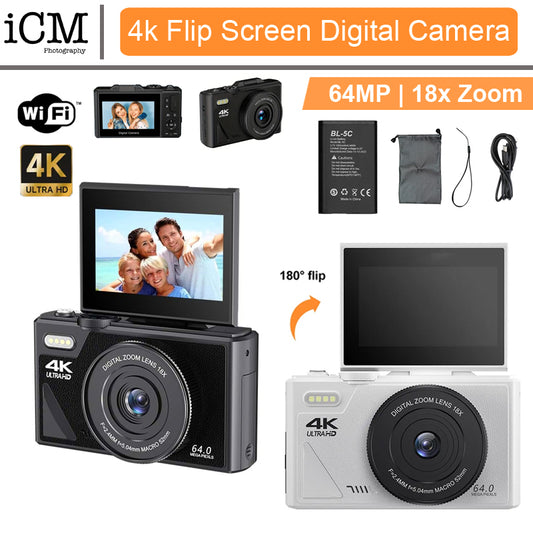 64MP Digital Camera 4K Video Vlogging YouTube Flip Screen 16X Zoom