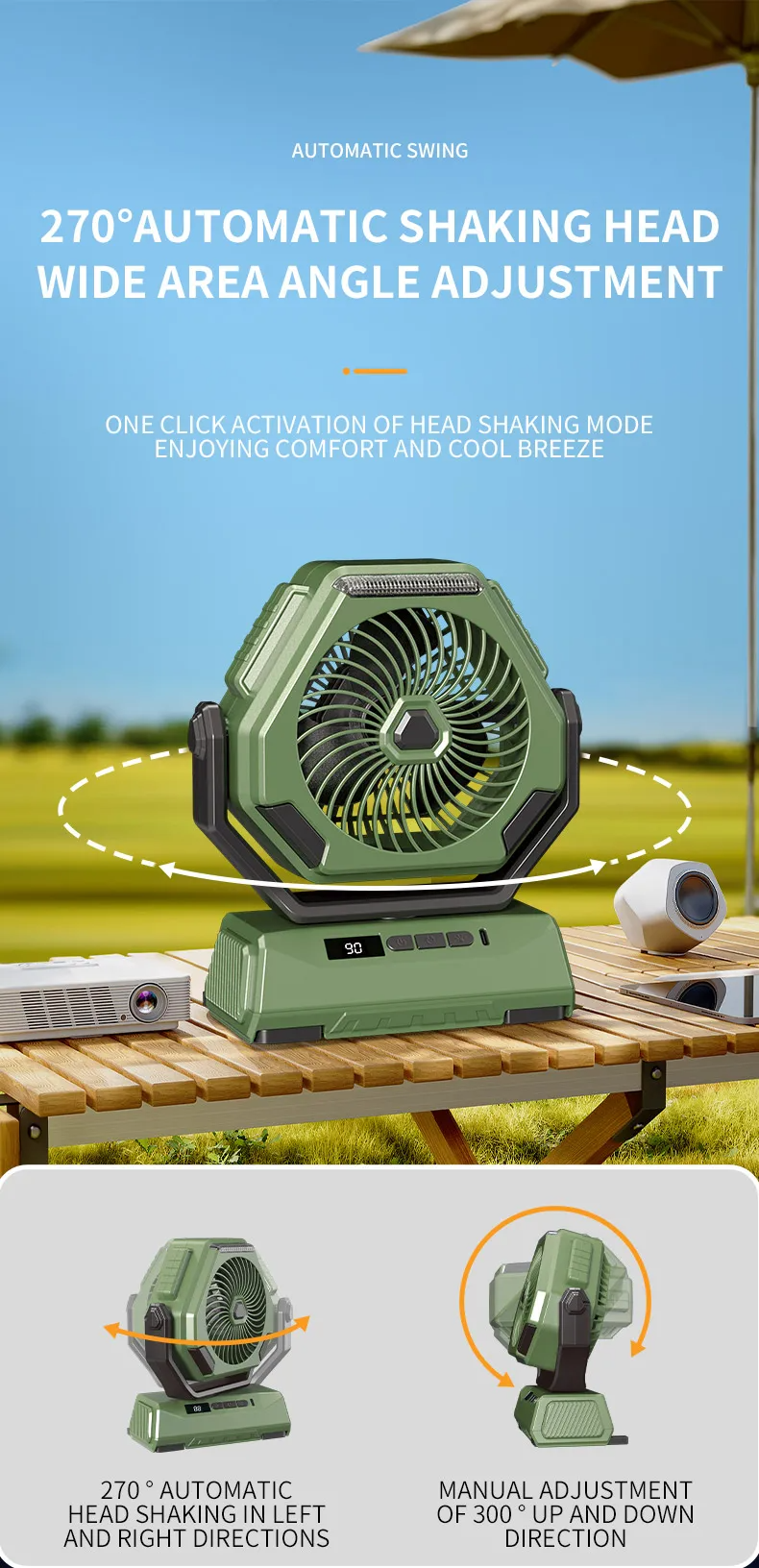 USB Portable Camping Oscillating Fan Outdoor LED Rechargeable Fan