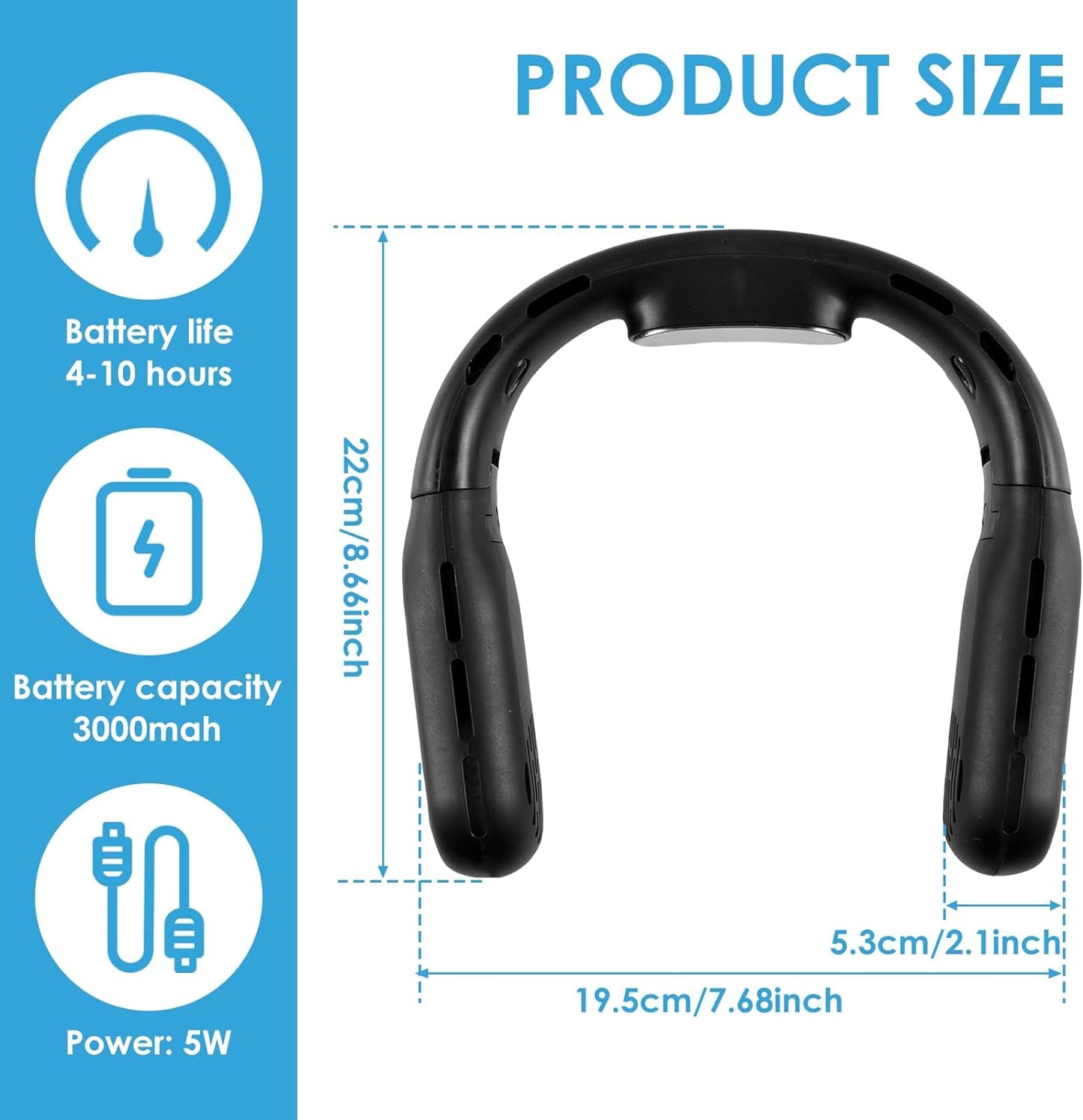 Portable USB Neck Fan Foldable Rechargeable Fan 3000mAh