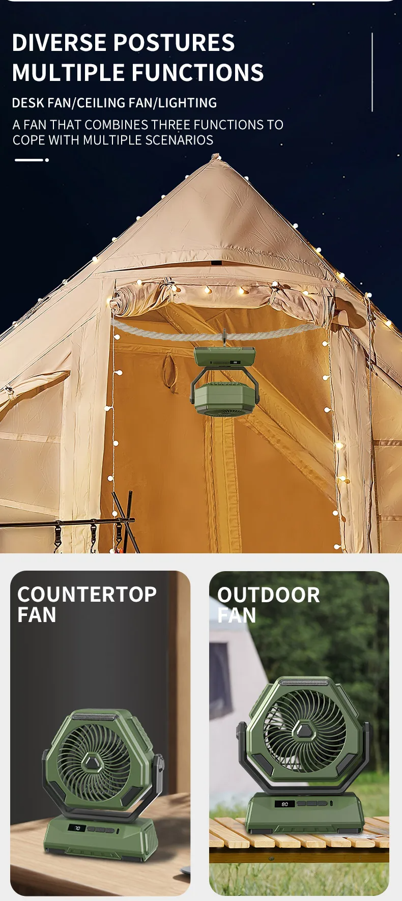 USB Portable Camping Oscillating Fan Outdoor LED Rechargeable Fan