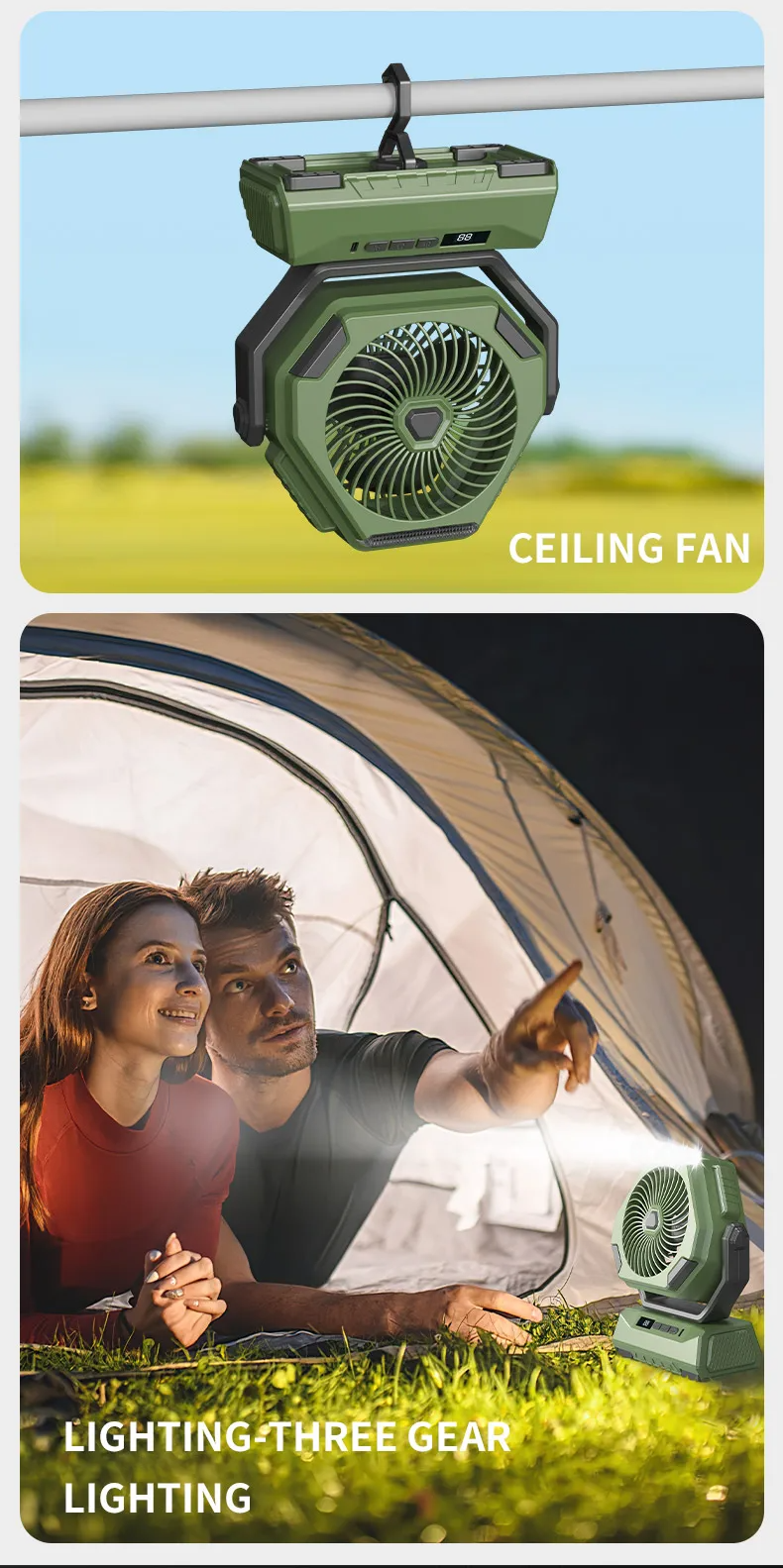 USB Portable Camping Oscillating Fan Outdoor LED Rechargeable Fan