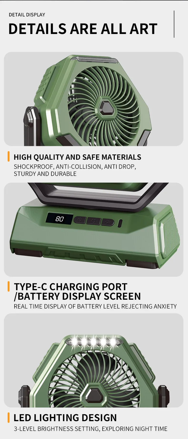 USB Portable Camping Oscillating Fan Outdoor LED Rechargeable Fan