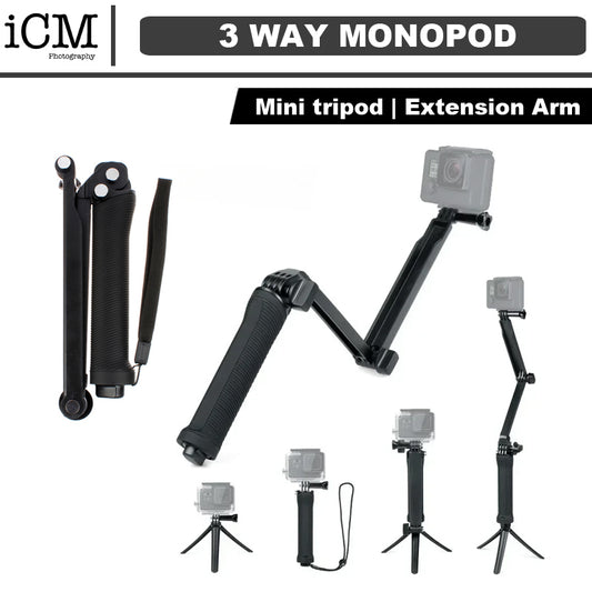 3 Way Monopod Tripod Selfie Stick Hand Grip Extension Arm for GoPro Action Camera