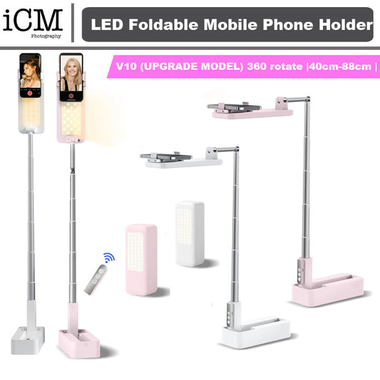 V10 Live Stream Overhead Photography 360° Foldable LED Mobile Phone Tripod Stand for youTube TikTok