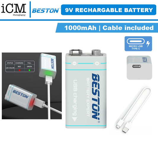 Beston 9V Rechargeable Lithium Battery 1000mAh With Type-C USB Cable
