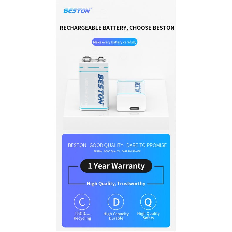 Beston 9V Rechargeable Lithium Battery 1000mAh With Type-C USB Cable