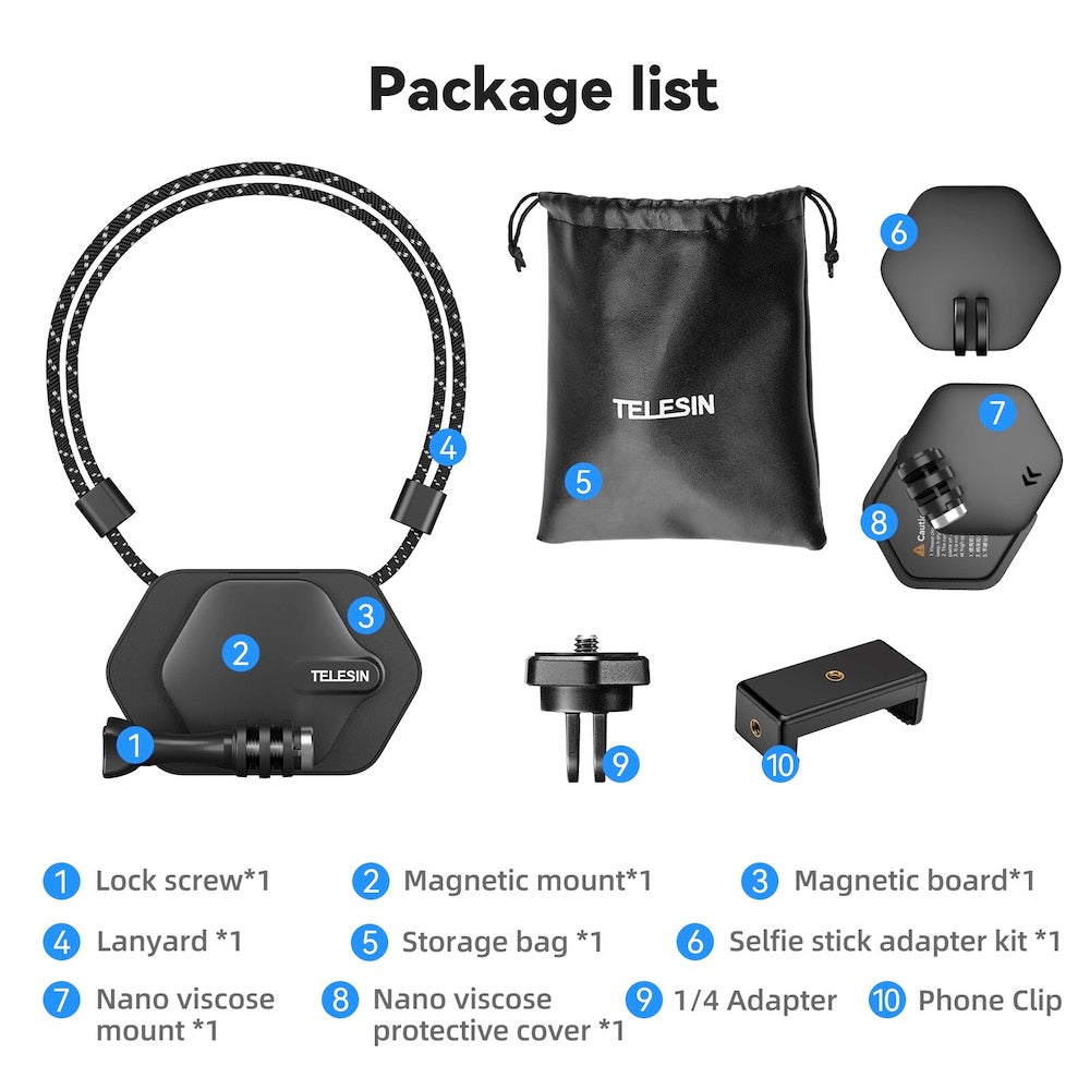 TELESIN Magnetic Bracket Lanyard Chest Strap Expansion Set for Smartphone GoPro Insta360 DJI