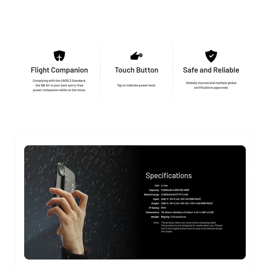 Nitecore NB Air Ultra Lightweight and Slim USB-C 5000mAh Power Bank 2.4A 18W