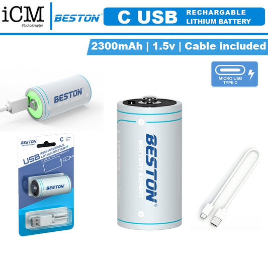 Beston C Size Lithium Rechargable Battery Type C 1.5v (2300mAh) CLC-23 with Cable