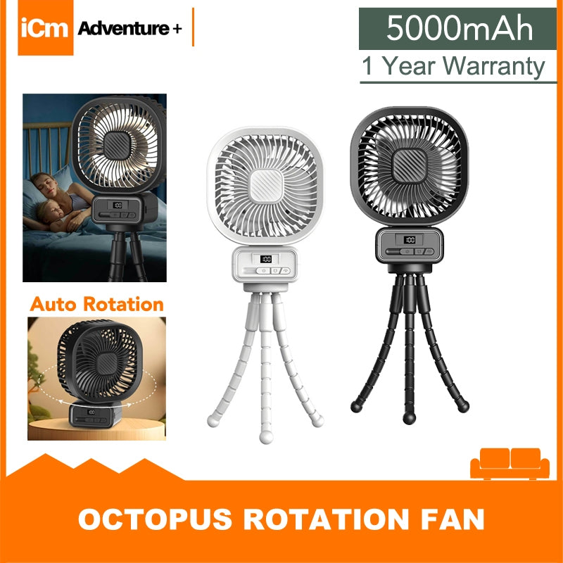 USB Rechargeable Oscillating LED Fan With Detachable Octopus Tripod stroller Fan 5000mAh