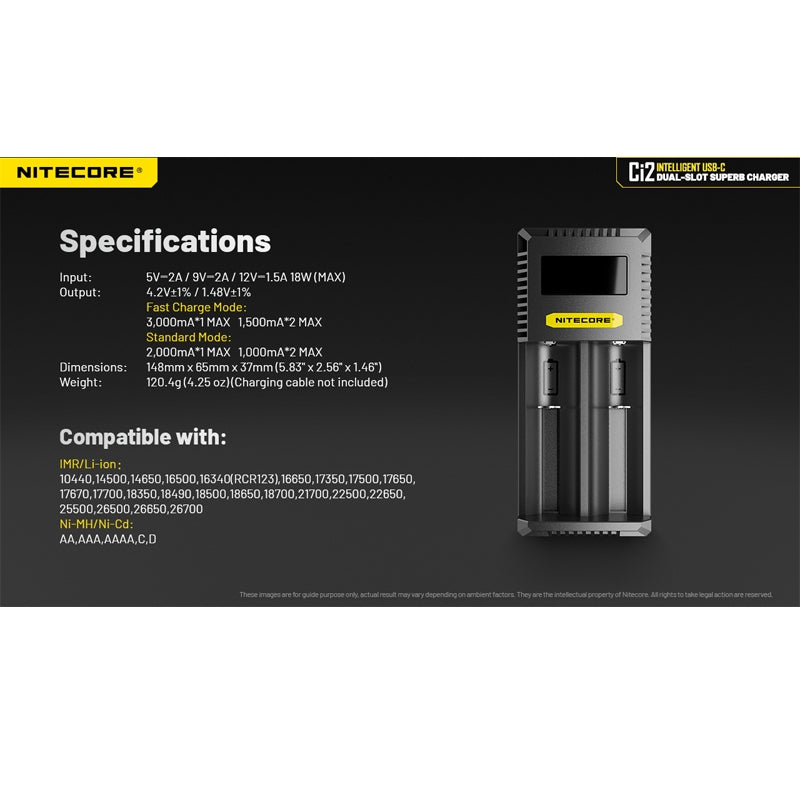 Nitecore Ci2 Intelligent USB-C Dual Slot Battery Charger (USB-C 3A 18W)