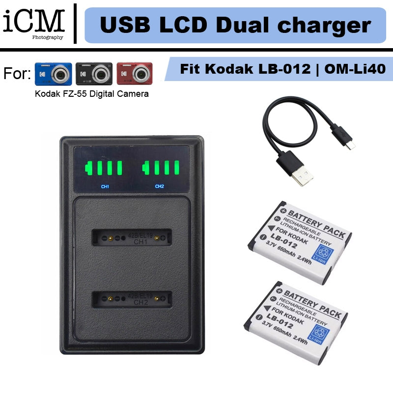 USB Dual charger for Kodak PixPro  FZ55 LB-012 Olymplus OM Li-40