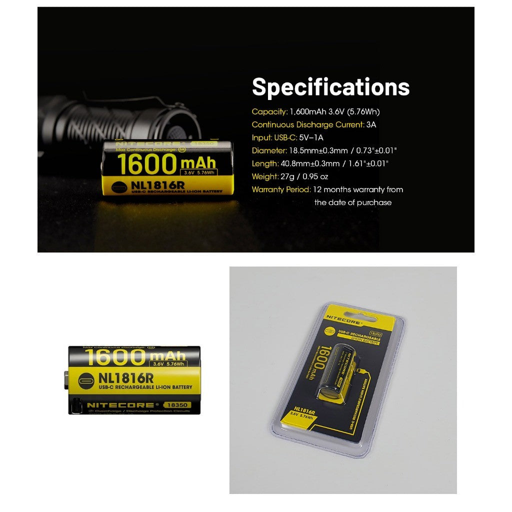 Nitecore NL1816R 1600mAh USB-C Rechargeable Battery for MT1C Pro