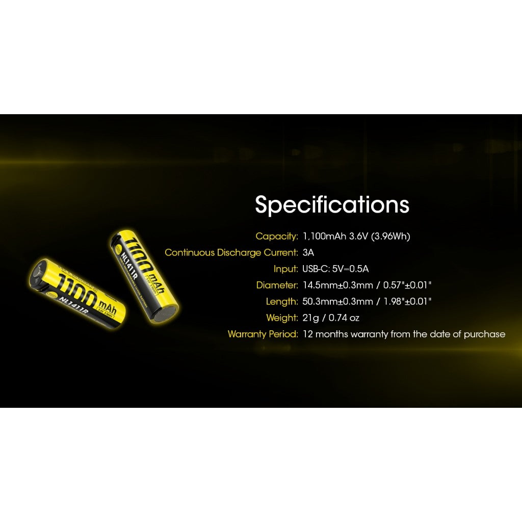Nitecore NL1411R 1100mAh USB-C Rechargeable 14500 Battery MT1A Pro