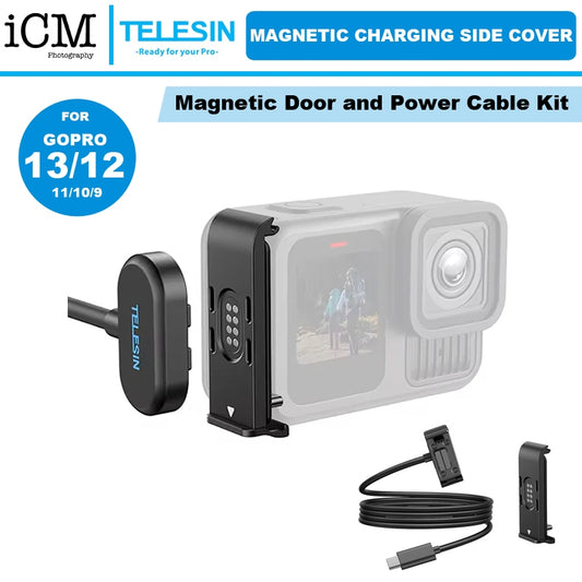 Telesin Magnetic Charging Side Cover & Power Cable Kit for Hero 13 12 11 10 9