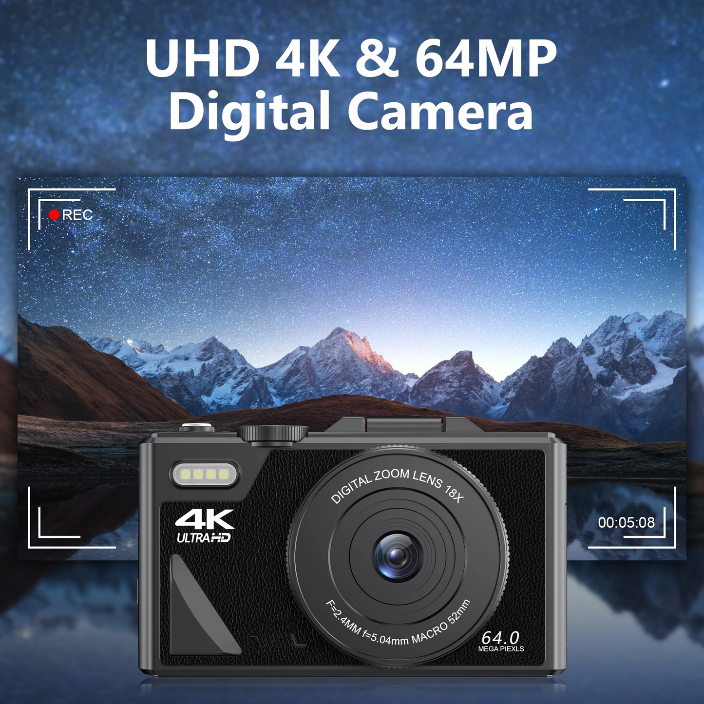 64MP Digital Camera 4K Video Vlogging YouTube Flip Screen 16X Zoom
