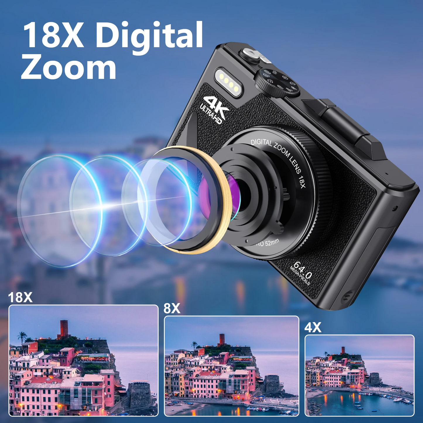 64MP Digital Camera 4K Video Vlogging YouTube Flip Screen 16X Zoom