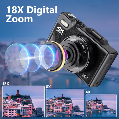64MP Digital Camera 4K Video Vlogging YouTube Flip Screen 16X Zoom
