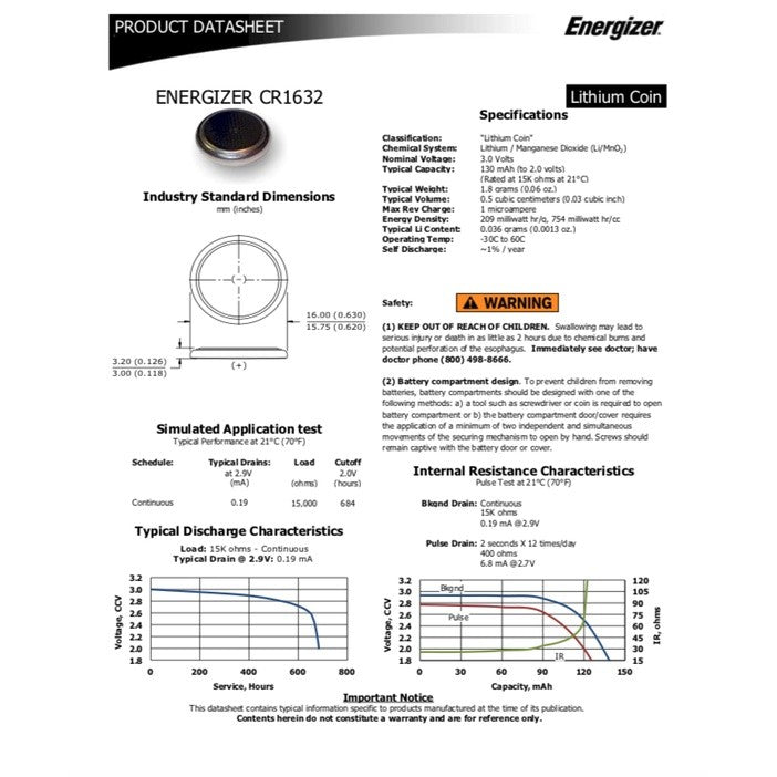 ENERGIZER LITHIUM COIN 1632 CR1632 3V BATTERIES