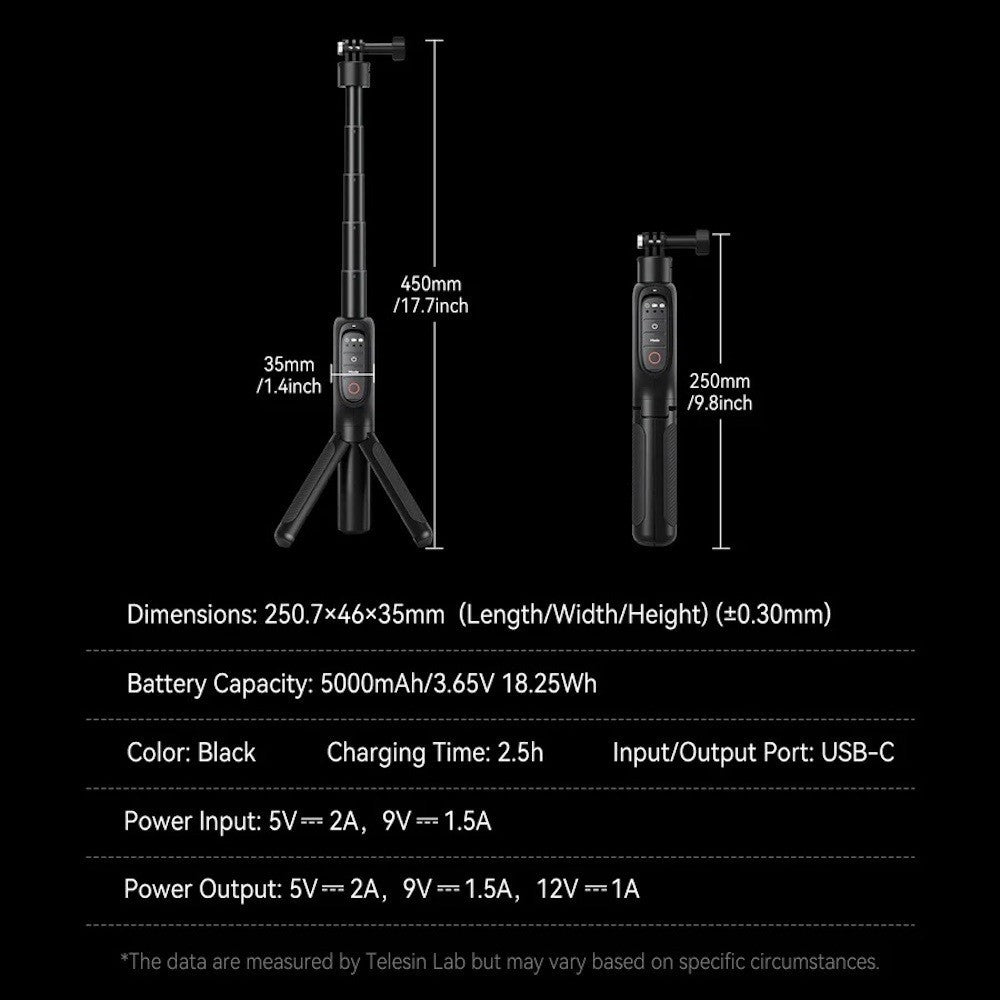 TELESIN Gopro Shorty Rechargeable Selfie Tripod Remote Control for GoPro Hero 13 12 11 10 9 MAX