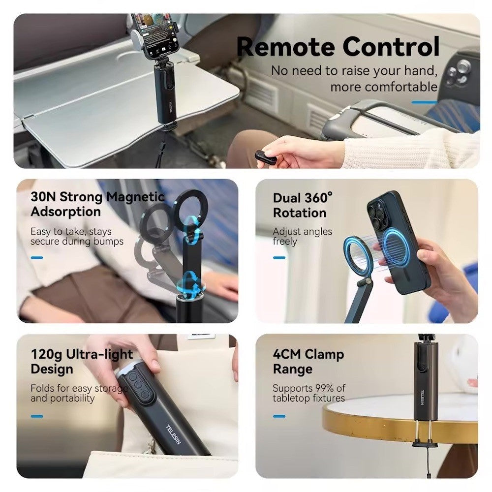 TELESIN Magnetic Phone Holder Travel Clamp Mount Stand Stick Bluetooth Remote Control