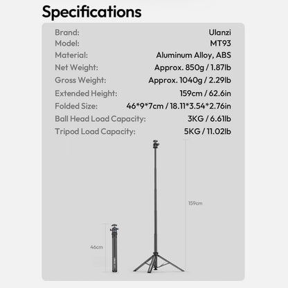 Ulanzi МТ93 159cm Auto-Open Camera Tripod Selfie Stick UKA Quick-Release