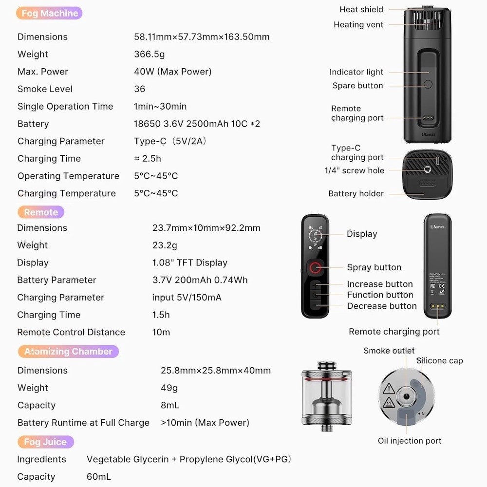 Ulanzi FM01 FILMOG Ace Portable Fog Machine 40W Wireless Remote Control Mini Smoke Machine for Photography Wedding