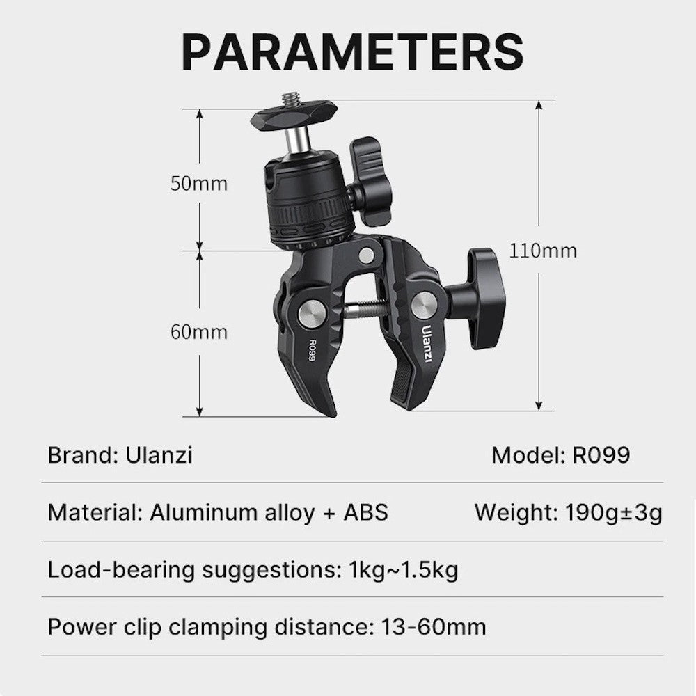 ULANZI R099 Super Clamp 360 Ball Head Handlebar Motorcycle Bicycle Bike Mount for DSLR GoPro Insta360 DJI Action Camera