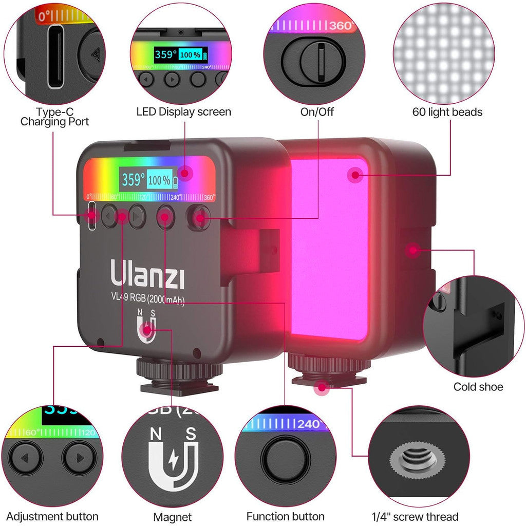 Ulanzi VL49 Mini RGB Light Rechargeable LED Video Light 360 Color Vlog Streaming Camera