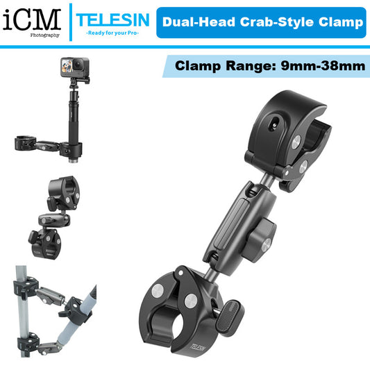 TELESIN Dual-Head Double Crab Handlebar Stick Clamp for Action Camera  Bike Motorcycle Pipe Clamp