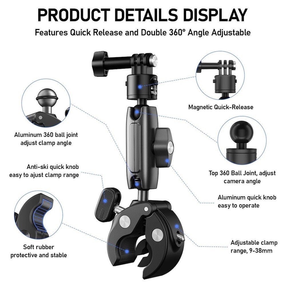 TELESIN Crab-Style Handle Bar Clamp with Quick Release Action Camera Mount