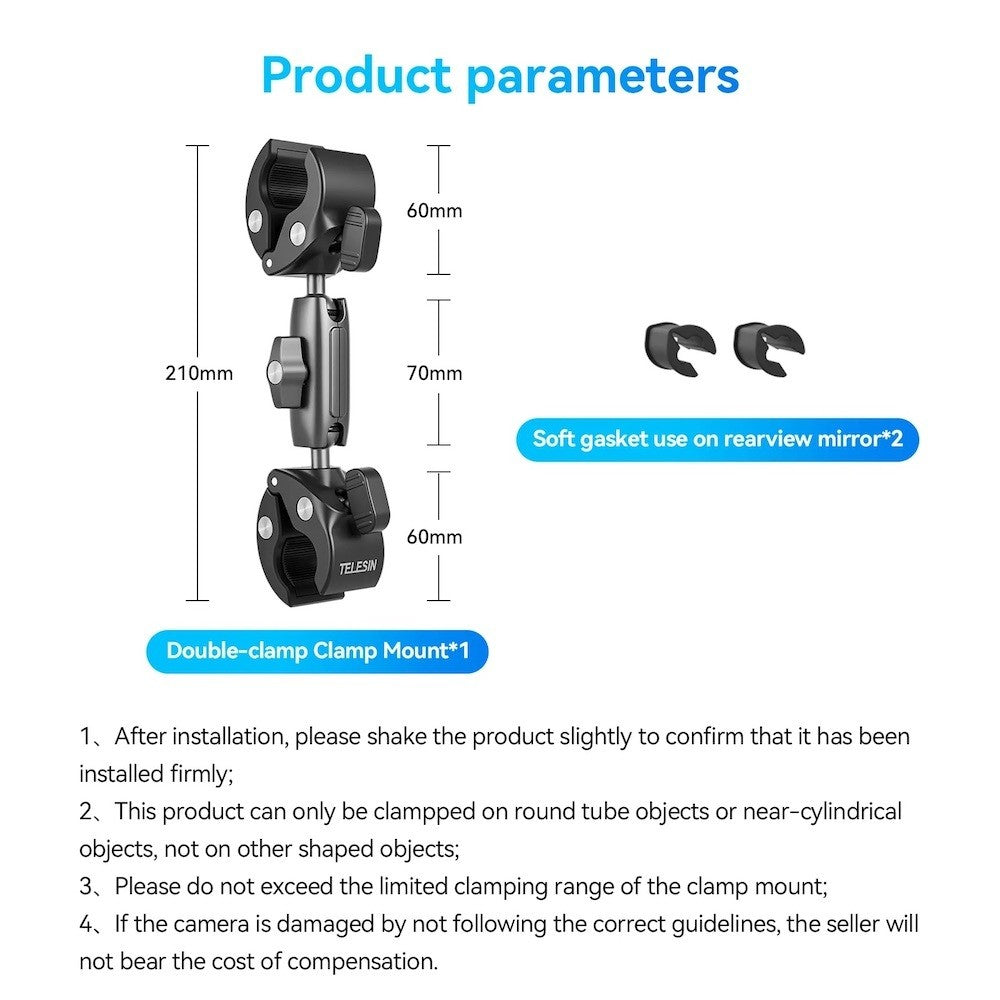 TELESIN Dual-Head Double Crab Handlebar Stick Clamp for Action Camera  Bike Motorcycle Pipe Clamp