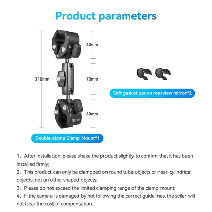TELESIN Dual-Head Double Crab Handlebar Stick Clamp for Action Camera  Bike Motorcycle Pipe Clamp