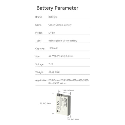 Beston Canon LP-E8 replacement battery - 1 Year Warranty