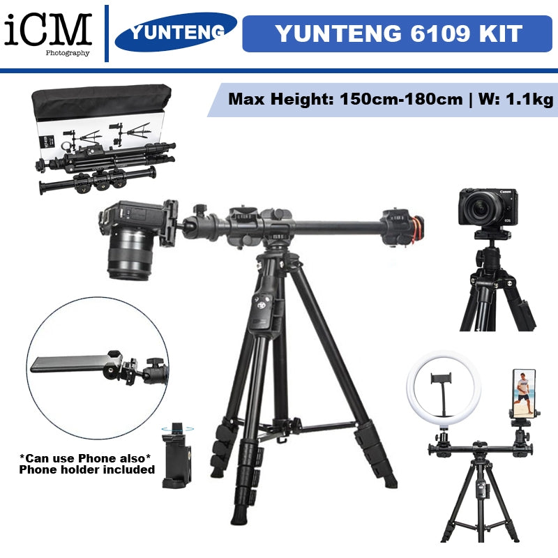 YUNTENG VCT-6109 Professional Live Streaming overhead shot photography Tripod with Extension Rod