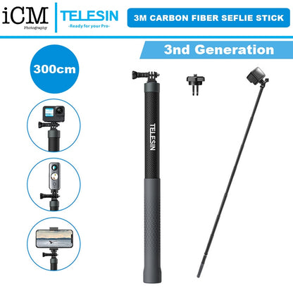 TELESIN G3 300cm 3m Invisible Selfie Stick Pole Carbon Fiber Lightweight Extension Monopod