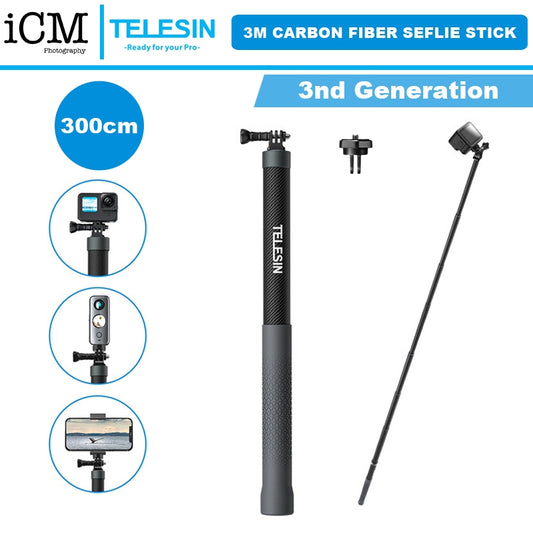 TELESIN G3 300cm 3m Invisible Selfie Stick Pole Carbon Fiber Lightweight Extension Monopod