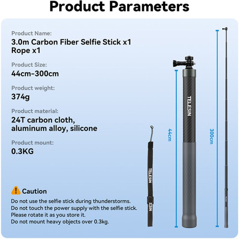 TELESIN G3 300cm 3m Invisible Selfie Stick Pole Carbon Fiber Lightweight Extension Monopod