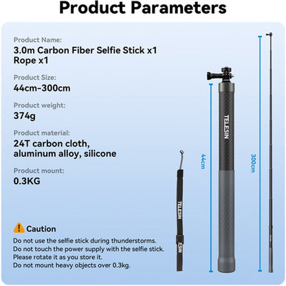 TELESIN G3 300cm 3m Invisible Selfie Stick Pole Carbon Fiber Lightweight Extension Monopod