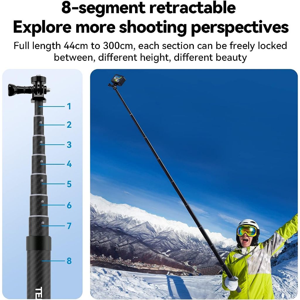 TELESIN G3 300cm 3m Invisible Selfie Stick Pole Carbon Fiber Lightweight Extension Monopod