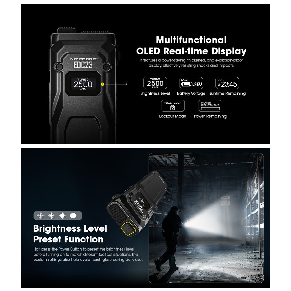 Nitecore EDC23 EDC Tactical Flashlight 2500 Lumen USB-C Rechargeable Fast Charging Digital OLED Display