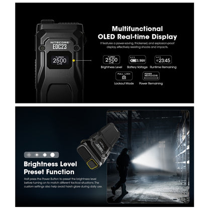Nitecore EDC23 EDC Tactical Flashlight 2500 Lumen USB-C Rechargeable Fast Charging Digital OLED Display