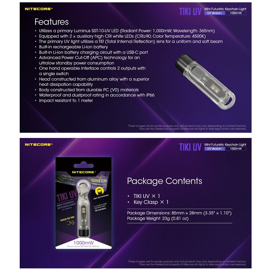 Niecore TIKI UV keychain led flashlight USB Rechargable (365nm UV) - 1000mW