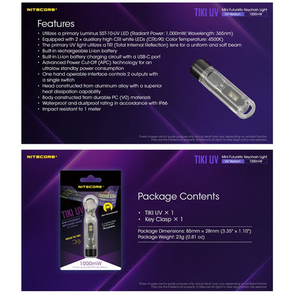 Niecore TIKI UV keychain led flashlight USB Rechargable (365nm UV) - 1000mW
