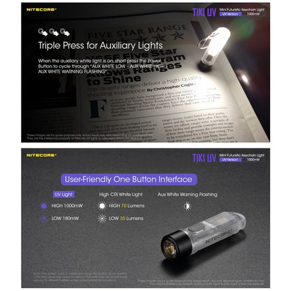 Niecore TIKI UV keychain led flashlight USB Rechargable (365nm UV) - 1000mW