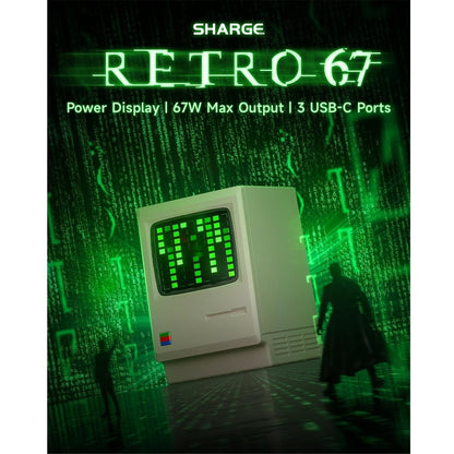 Sharge Retro 67W GaN Charger 3 ports USB-C Fast Charging with Digital Rain LED Display